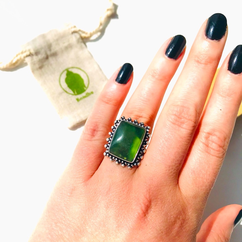 Dark Green Prehnite Crystal Stone Square Sterling Silver 925 Ring Size 6.5